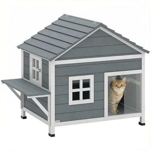 PawHut Katzenhaus aus Holz 2-Etagen für 1-2 Katzen 101x72,5x81cm Grau | Katzenhöhle für Draußen, Wasserdicht Aufklappbar Dach, Erhöhter Basis, Seitlicher Plattform, Fenster, Bis 5 kg