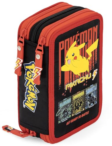 3-Fach Federmäppchen Jungen Gefüllt für Pokemon Fan – Schulmäppchen Set 46 Teile mit Radierbaren Stiften, Filzstiften, Buntstiften – ideal für Schule & als Geschenk 6-12 Jahre