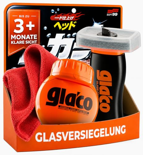 Glasversiegelung Set: Soft99 Glaco Roll On Max (300ml) Scheibenversiegelung Auto + Soft99 Glaco Glass Compound Glaspolitur (100ml) + Tuch - Regenabweiser für verbesserte Sicht bei Regen | 3-teilig