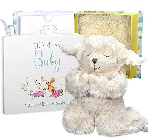 Tickle & Main Catholic Baptism Gift Set - 2-Pc White Presentation Box - Interactive Prayer Lamb & Baby’s First Prayer Book - Christening Gifts for Boys & Baby Girls Ages 2+