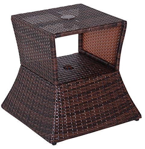 Outsunny Outdoor Patio Rattan Wicker Coffee Table Bistro Side Table with Umbrella Hole