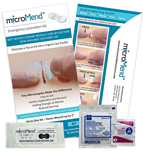 microMend Emergency Wound Closures Surgical Quality Laceration Repair Without Stitches - Think Ahead - Be Prepared- (Emergency Wound Closures XS/SM (2 Devices - 1 Alcohol Prep Pad - 1 Gauze)