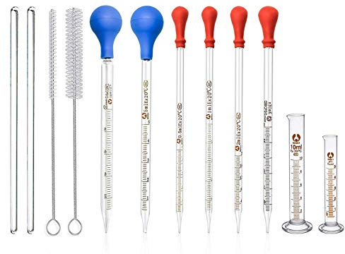 JESSTOLO Glas Pipette 10ml 5ml 3ml 2ml 1ml 0.5ml Messzylinder Set | Tropfpipetten Pipetten mit 2 Meßzylinder 5ml/10ml, 2 Glasstab, 2 Waschbürste, für ätherische Öle, Labor, DIY Kosmetik