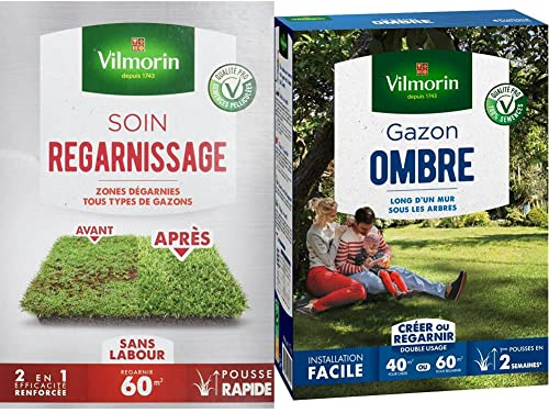 VILMORIN - Soin Regarnissage Universel 2 en 1 - Semences de gazon + Fortifiant naturel - Rénovation facile des gazons abîmés - Levée rapide - 1 Kg & 4466514 Gazon Ombre, Vert, 1 kg