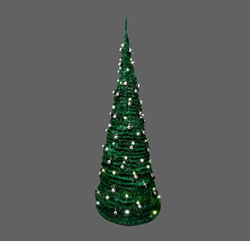 4Ft/120cm Prelit Pre Decorated Pop up Christmas Tree Xmas Home Indoor LED Warm White Lights Silver Baubles Decorations Battery Operated