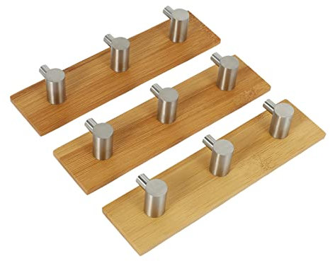 Bumdenuu Selbstklebender Bambus Natur Edelstahl Haken Wand Kleidung Tasche Kopfhörer Schlüssel Haken Küche Badezimmer Tür Handtuch Rost Regal (3 Stück)