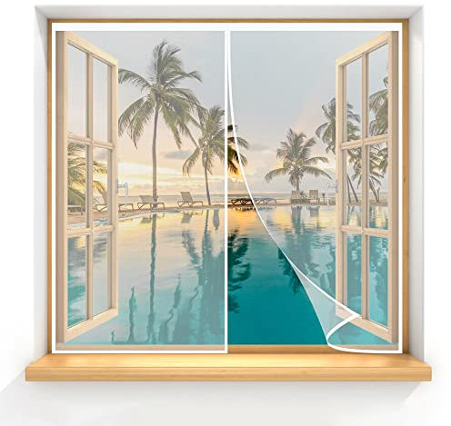 Fly Screens for Windows UK White 80x135cm Fly Screen Mosquito Magnetic Window Screen with Self-Adhesive Tape Washable for Living Room,Room Window