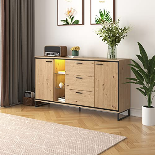 Sweiko Sideboard mit 3 Schubladen und 2 Türen, Modernes Kommode in Holzfarbe mit Verstellbare Ablagefächern Schubladenkommode Mehrzweckschrank für Flur Schlafzimmer Wohnzimmer Badezimmer Kinderzimmer