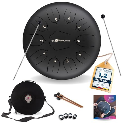 Sonodrum Zungentrommel Standard C - Dur in Schwarz - 30 cm groß mit 11 Tönen - Steel Tongue Drum inkl. Liederbuch, Schlägel, Fingersticks und Tragetasche - Notenlesen nicht nötig, einfach zu spielen