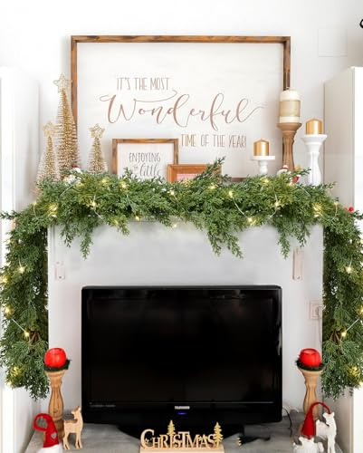 DearHouse 6Ft Pine Christmas Garland with 50 Led Lights, 6Ft Winter Artificial Pine Leaves Greenery Garland for Holiday Season Mantel Fireplace Table Runner Centerpiece Decoration