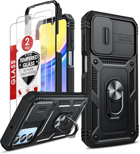LeYi Kameraschutz Hülle für Samsung Galaxy A15 4G/5G mit 2 Hartglas Schutzfolie, Hybrid Schiebeabdeckung Handyhülle Militär Case TPU Gummi PC Material Metall Ring Ständer Schutzhülle Schwarz