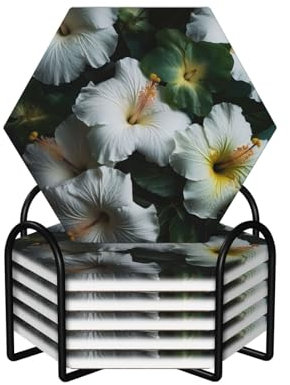Untersetzer mit weißem und grünem Hibiskusblumen-Druck, 6 Stück, saugfähige Keramik-Untersetzer mit Korkboden und Metallhalter, für Heimdekoration, Küche, Geschenk