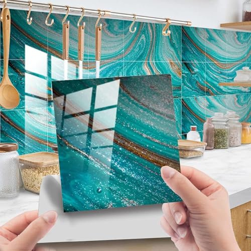 Hiser 20 Pièces Marbre Stickers Adhésive Décorative à Carreaux pour Salle de Bains et Cuisine Stickers Carrelage, Mosaïque Imperméables Auto-adhésifs Décoration (Bleu,20x20cm)