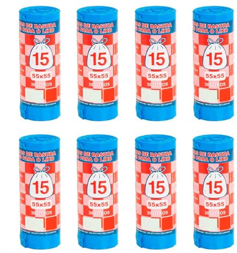 ACAN Tradineur - 8 rollos de 15 bolsas de basura, plástico reciclado, resistentes y antigoteo, ecológicas, reciclables, aptas para cubos de basura (Azul - 30 litros - 55 x 55 cm - Total 120 uds)