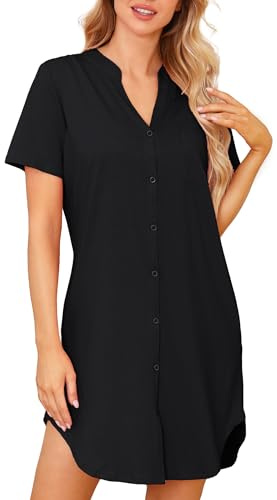 Lovasy Camicia da Notte Donna in Cotone Manica Corta Scollo a V Sexy Sottoveste Curvy con Bottoni Davanti Abito da Notte Estiva con Tasche B Nero M