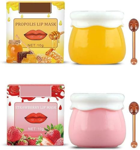 Lip Balm Honey Pot, Honey & Strawberry Day and Night Repair Lip Sleeping Masks Honey Lip Balm, Fade Lip Lines Bee Balm Lip Balm, Hydrating & Prevention Dry (Pink+Yellow)