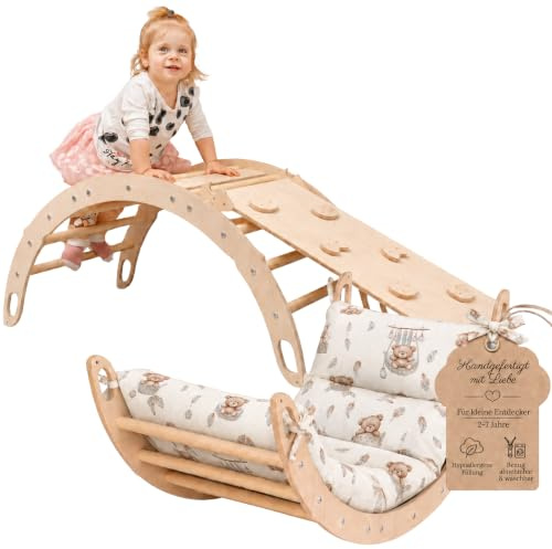 WoodsCraft Kletterbogen mit Kissen & 2in1: Rutsche Indoor/Kletterrampe | mit hypoallergen Kissen für Kletterbogen, holz Montessori Klettergerüst indoor spielgeräte, Babyrutsche & Rampe