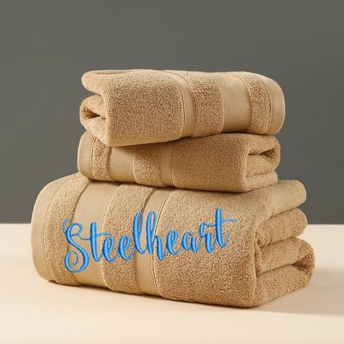 HDLOVE Personalisiertes 3er Set Handtücher Mit Namen Oder Wunschtext Bestickt, 3 Verschiedene Größen: 140 X 70 cm, 35 X 73 cm Und 35 X 35 cm，Weiche Baumwolle Für Bad, Küche & Dusche(Curry)
