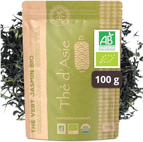 Khla - Té de Jazmín Ecológico 100g - Té Verde Chino - Bolsa a Granel - Té Floral y Aromático - Rico en Antioxidantes - Sueño, Digestión - Origen China - Té de Hierbas e Infusión - Frío o Caliente