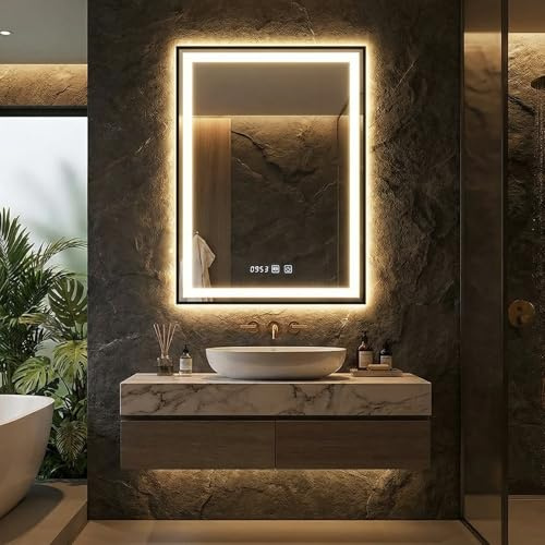 YOURLITE LED Badspiegel mit Beleuchtung 80x60,Badezimmerspiegel Led Badspiegel,Touch-Schalter,Uhr,Wandspiegel mit Antibeschlag,3 Lichtfarben Dimmbar,Spiegel Bad mit Licht,Speicherfunktion,Badezimmer
