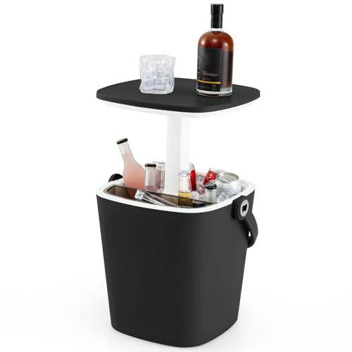 GOPLUS 3 en 1 Table Glacière Extérieur 15 L, Table d'Appoint Patio avec Couvercle Rétractable, Ouvre-Bouteille et Pince Glace, Bac Rangment 6H Froid pour Jardin,Charge 75KG,35 x 34 x 37/58 cm (Noir)