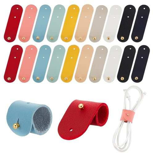 AHANDMAKER 20Pcs Leather Cord Organizer, 10 Colors Leather Cable Management Reusable Cable Straps, Portable Earphone Cable Tie, Cord Winder Keeper, Storage Straps for Travel, Home, School, Office