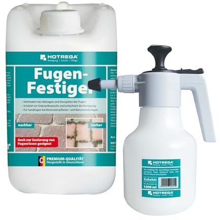 HOTREGA Fugenfestiger 5 Liter | Fugenversiegelung für Sandfugen außen | Schutz vor Unkraut, Frost- und Witterungsbeständig | inkl. Druckspritze