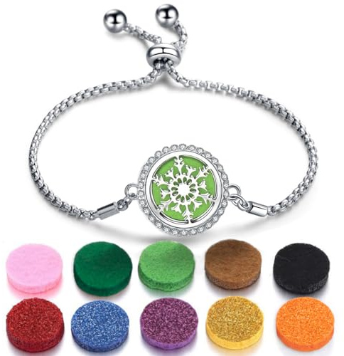 SIXDUTON Bracciale per Donna Diffusore di Olio Essenziali, Acciaio Inossidabile Albero della Vita Traforato Braccialetto Profumo Aromaterapia, Regolabile Gioielli Regali (Fiocco di Neve)