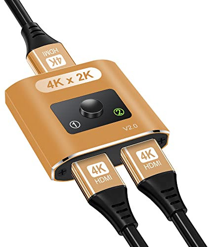 HDMI Switch 4K@60Hz, Bi-directional Switcher 2 In 1 Out / 1 In 2 Out, Aluminum Design, HDMI Splitter Supports 3D, 1080P, Compatible with TV Box, Laptop, PS3/4/5, DVD (Cable Not Included) - Gold