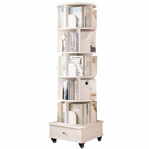 LFONDIGE Drehbares Bücherregal, Standregal, 360°, Bücherregal für Erwachsene, Dickes Material, stabile Tragfähigkeit, geeignet für Wohnzimmer, Schlafzimmer, Büros und kleine Räume (weiß, 46 x 46 x 17