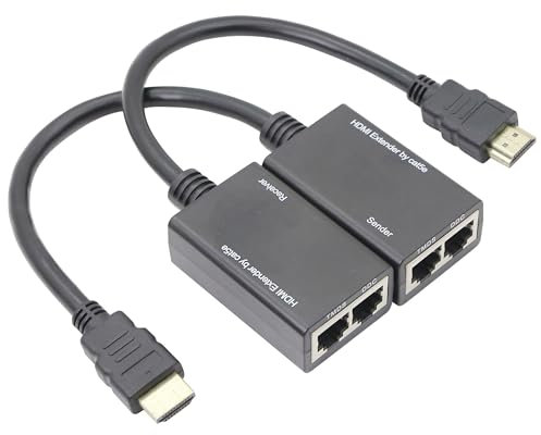 FENGHAISHUN Lot de 2 adaptateurs HDMI mâle vers RJ45 femelle - Extenseur HDMI sur RJ45 CAT5e/6 LAN Ethernet 1080p - Répéteur de signal et récepteur - 30 m