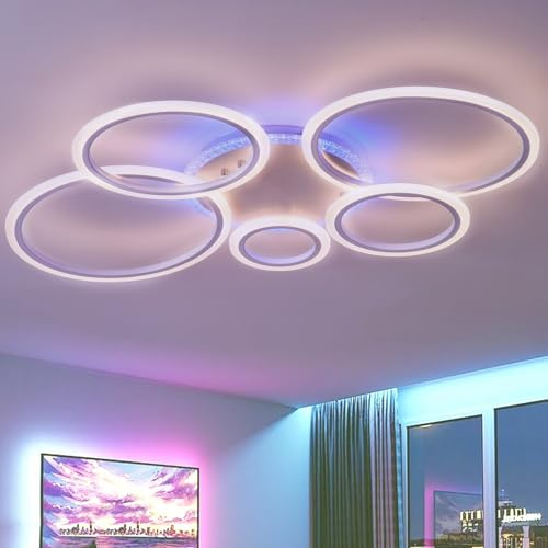 QINGYING 5 Ring Deckenlampe Mit Fernbedienung APP, 100cm RGB Dimmbar Deckenleuchte Mit Memory-Funktion, Moderne Lampe Variable Farbe Mit Timer Für Schlafzimmer, Wohnzimmer, Küche Und Büro，Weiß