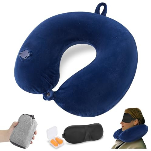 JetsCush Nackenkissen Flugzeug Aufblasbar, Reisekissen Flugzeug, Kompaktes Nackenkissen Aufblasbar mit Schlafmaske und Ohrstöpseln, Leichtes Nackenhörnchen Erwachsene für Flugzeug, Zug, Büro, Blau