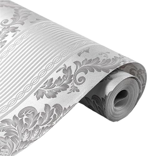 Papel De Revestimiento for Paredes,Rollo De Papel De Pared,Papel Tapiz De Damasco Gris Plateado De Lujo Patrones Florales De Lujo Gris Metálico Papel Tapiz Con Textura Flocado En Relieve