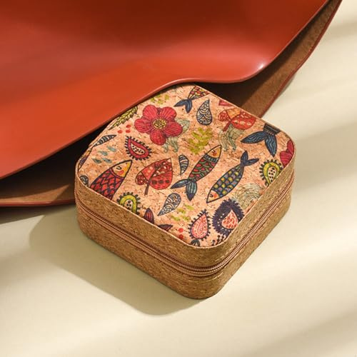 Drawelry Vintage Pattern Cork jewellery Box, Flower Fish Lucky Clover Storage Box, Portable Travel Earring Ring Necklace Case Birthday Gifts Box for Woman (Flower fish)