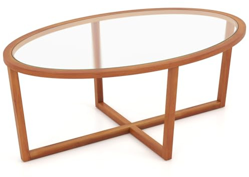 LIFEZEAL Mesa de Centro Ovalada de Cristal Templado | Mesa de Café con Marco de Madera Maciza, Mueble para Salón, 118 x 71,5 x 47,5cm