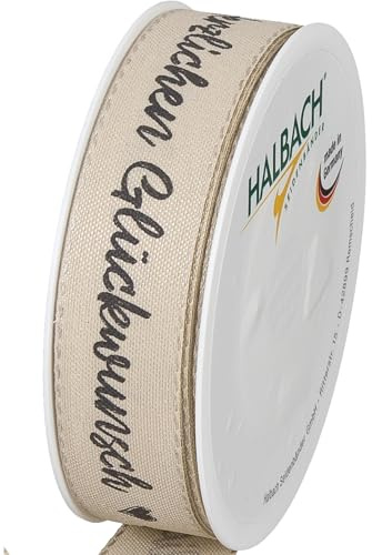 Halbach Geschenkband Herzlichen Glückwunsch, 25 mm x 18 m, leinen/schwarz | Schleifenband mit Schriftzug Herzlichen Glückwunsch und Leinenkante, Made in German, waschbar und wetter-/wasserfest