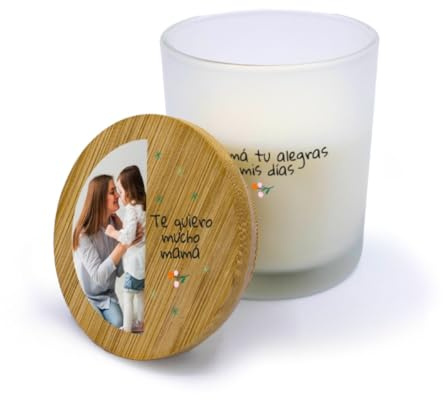 DEREGALOOS Velas personalizadas con tapa de madera. Candelas aromáticas para decoración. Detalles para Día de la Madre personalizados. Regalos originales. (1 foto flores)