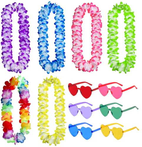 MorLuks 12 PCS Blumenketten Hawaii Set, 6 Stück Hawaii Blumenkette und 6 Stück Partybrille, Hawaii Ketten Bunt, Tropischen Hawaiianischen Luau Blumen Lei Sonnenbrille für Hawaii Party Deko