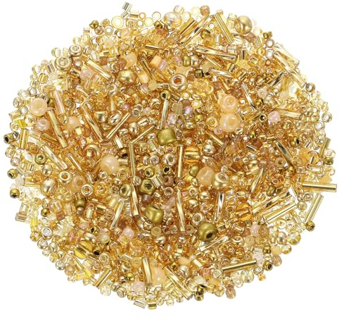 QUARKZMAN Parti av 1000 glaspärlor att tränga igenom - 1 till 4 mm - För armband - Blandade pärlor - Små mellanliggande glaspärlor - För tillverkning av armband, örhängen, halsband - Gyllene