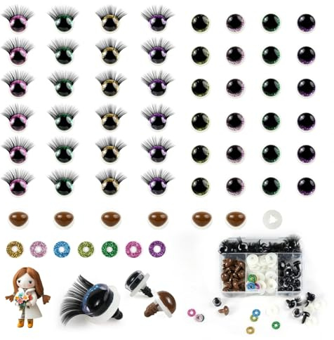 Votoko 60 Stück Sicherheitsaugen Set für Häkeltiere,16 mm Glitzeraugen mit Wimpern & 14 mm Sicherheitsnasen – Bunte Knopfaugen mit Unterlegscheiben, inkl. Aufbewahrungsbox, für DIY-Amigurumi