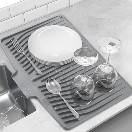 Silicone Dish Drying Mat for Kitchen Counter, Dish Drainer Mat, Non-Slip Drying Pad with Built-in Drain, Kitchen Drying Matt For Counter(18.9 x 11.8, Gray)