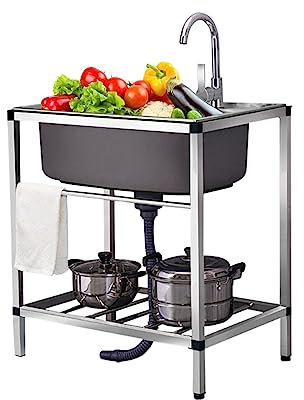 Fregadero de cocina comercial de acero inoxidable con escurridor y grifo, fregadero independiente para uso en interiores y exteriores, ideal para garaje, lavandería, cuarto de servicio