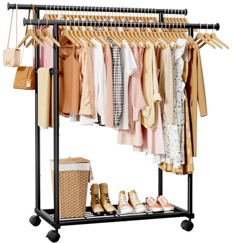 Sakugi Double Rod Clothing Rack with Shelf & Wheels, 98x42x150cm, Black