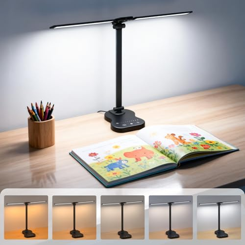 Morotty Desk Lamp,Led Table Lamps with Dual Heads,5 Colour Modes,10 Brightness Levels,Touch Control,45 Min Auto Timer,Dimmable Desk Light for Home Office Bedroom Reading Study - Black