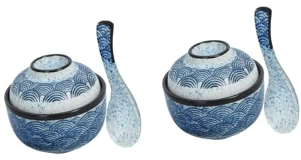 Amosfun 2 Ensembles Bol Céramique avec Couvercle et Cuillère Bol à Soupe Miso Chaleur Décoratif pour Maison et Restaurant Set