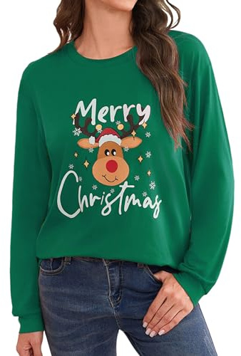 Terecey Sweatshirt Femme Imprimé Noël à Manches Longues Haut Décontracté avec Motif de Renne Merry Christmas Idée Cadeau Originale et Vêtement Confortable pour Hiver et Fête