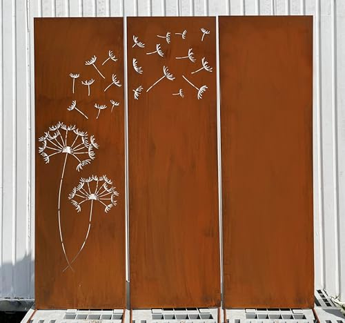 STEINFIGURENWELT GIEBEN Edelrost 3er Set Sichtschutz Motiv Pusteblumen mit Samen und Blanko 165 cm x 150 cm Paravent zum Stecken Schild Gartenstecker Edelrost Gartendeko Wetterfest Rost Metall Zaun