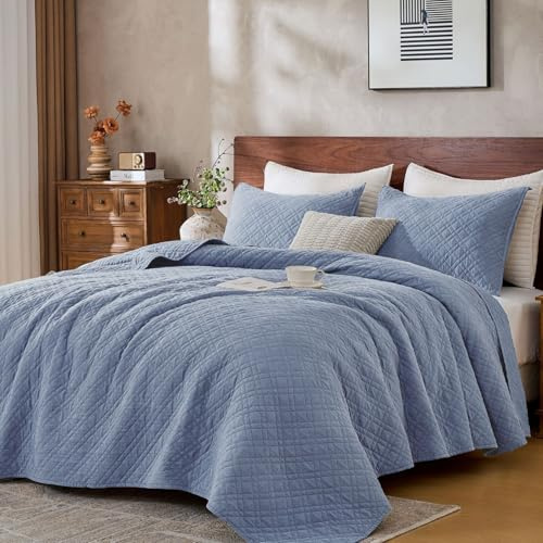 DOWN HOME Queen Quilt Set with Shams Lightweight Quilted Bedspread Coverlet Thin Comforter Bed Cover Vintage Washed Quilted Blanket for All Season, Brushed Microfiber Diamond Stitching, Blue, 88x92