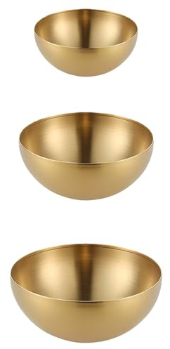 VEGOATY Lot de 3 grands bols à riz coréen doré : petit bol en acier inoxydable doré, bols à collation en acier inoxydable pour salades, pâtes, soupes, riz, fruits (15 cm, 20 cm, 25 cm)